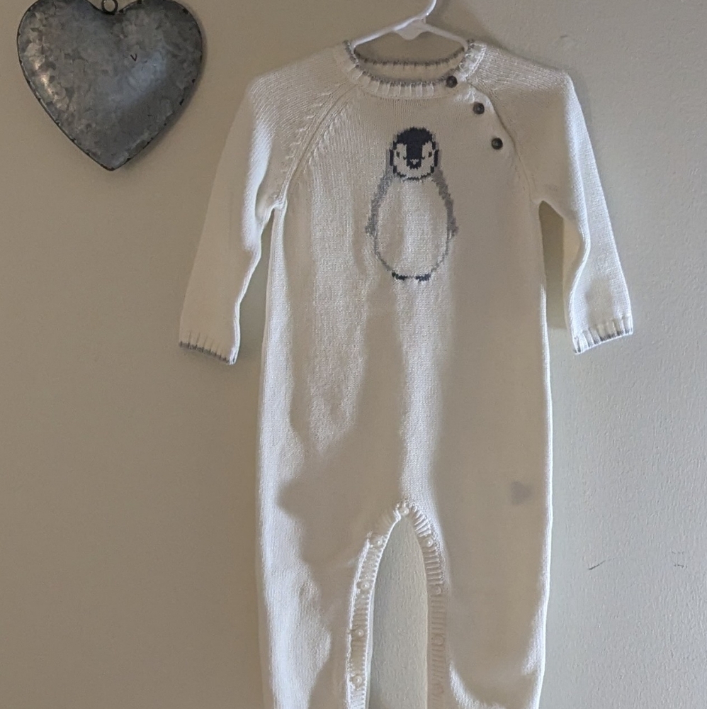 🐧 Janie and Jack Cream Knit Penguin Romper! NWT 🐧